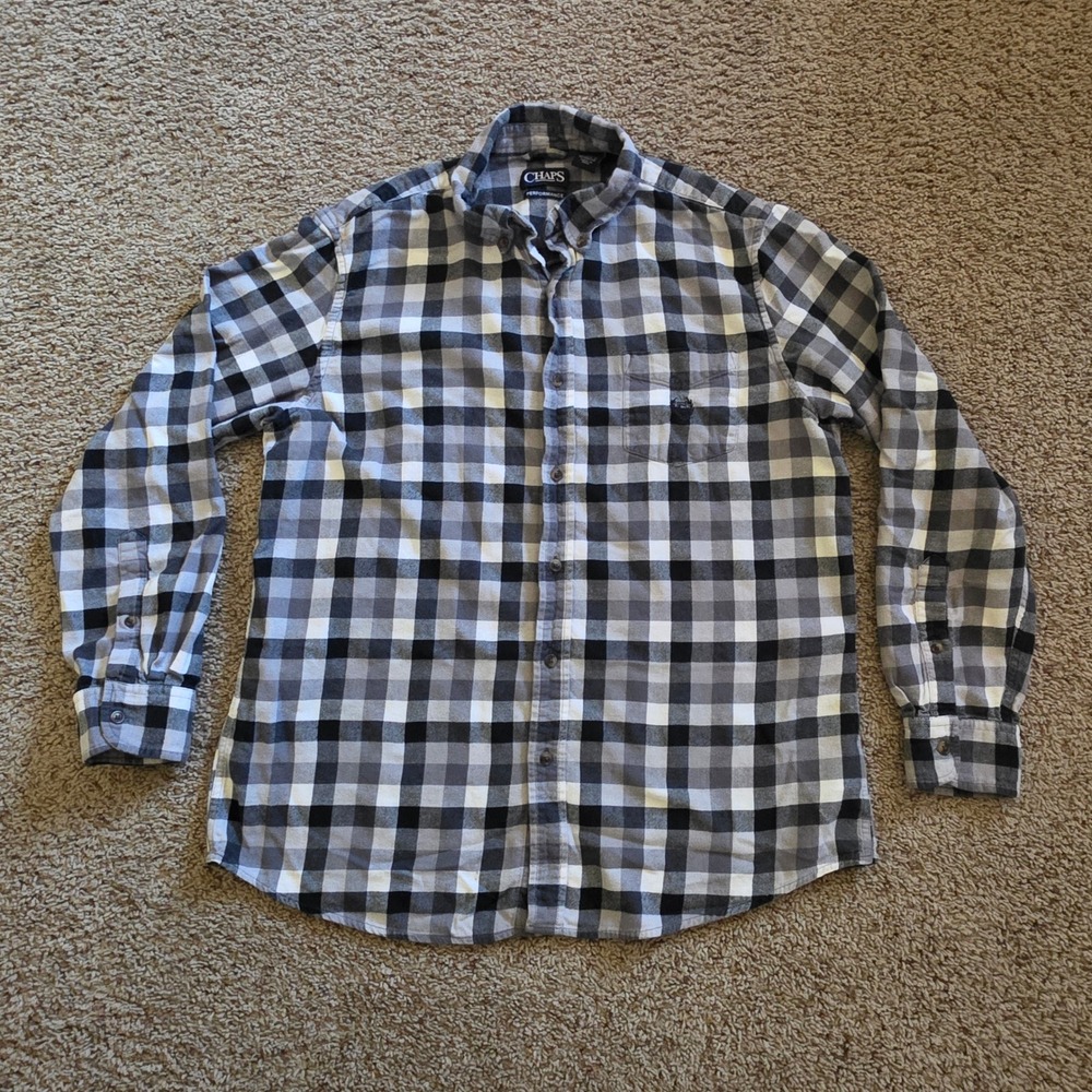 Chaps Performance Mens Large Black White‎ Grey Buffalo Plaid Button Down Shirt